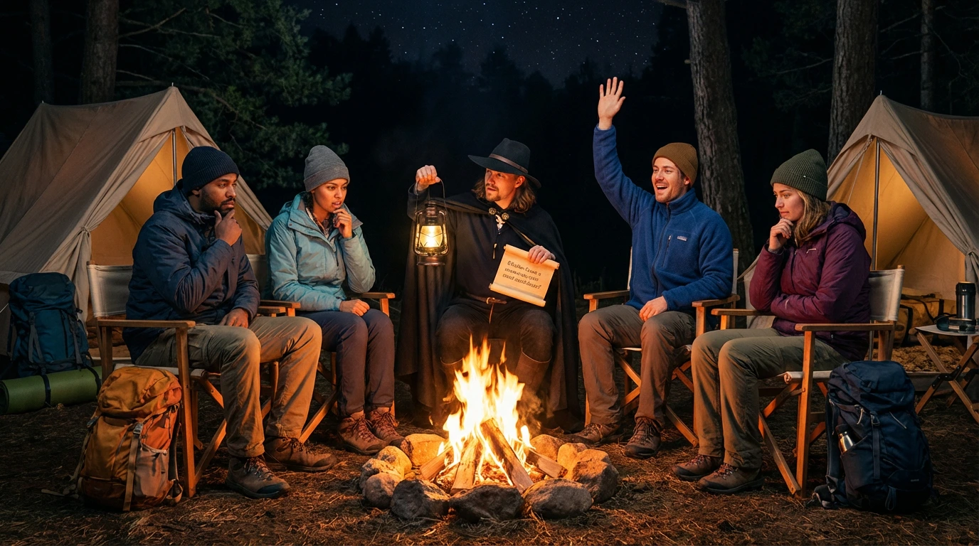 Group of campers sharing riddles around a campfire at night.