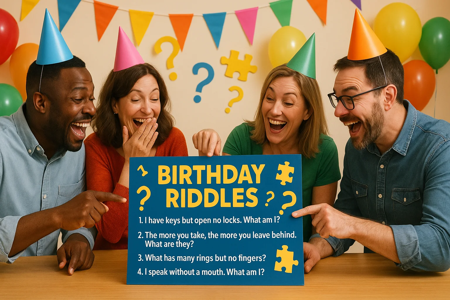 Group of adults at a birthday party laughing while reading riddle cards around a cake.