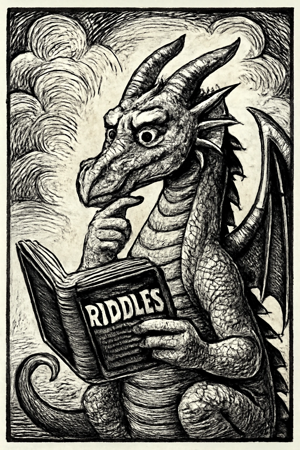 Illustration of a dragon guarding treasure in a cave