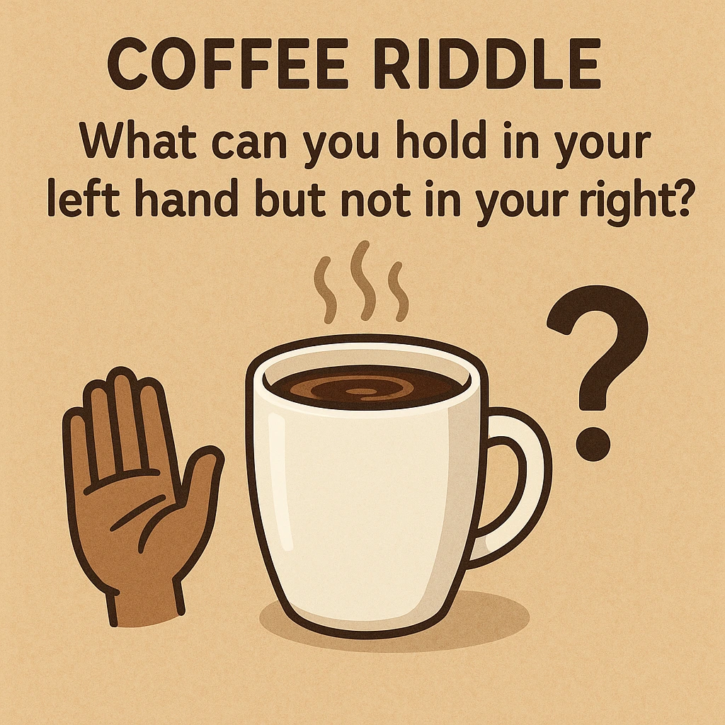 Steaming cup of coffee beside a notebook filled with playful riddle question marks.