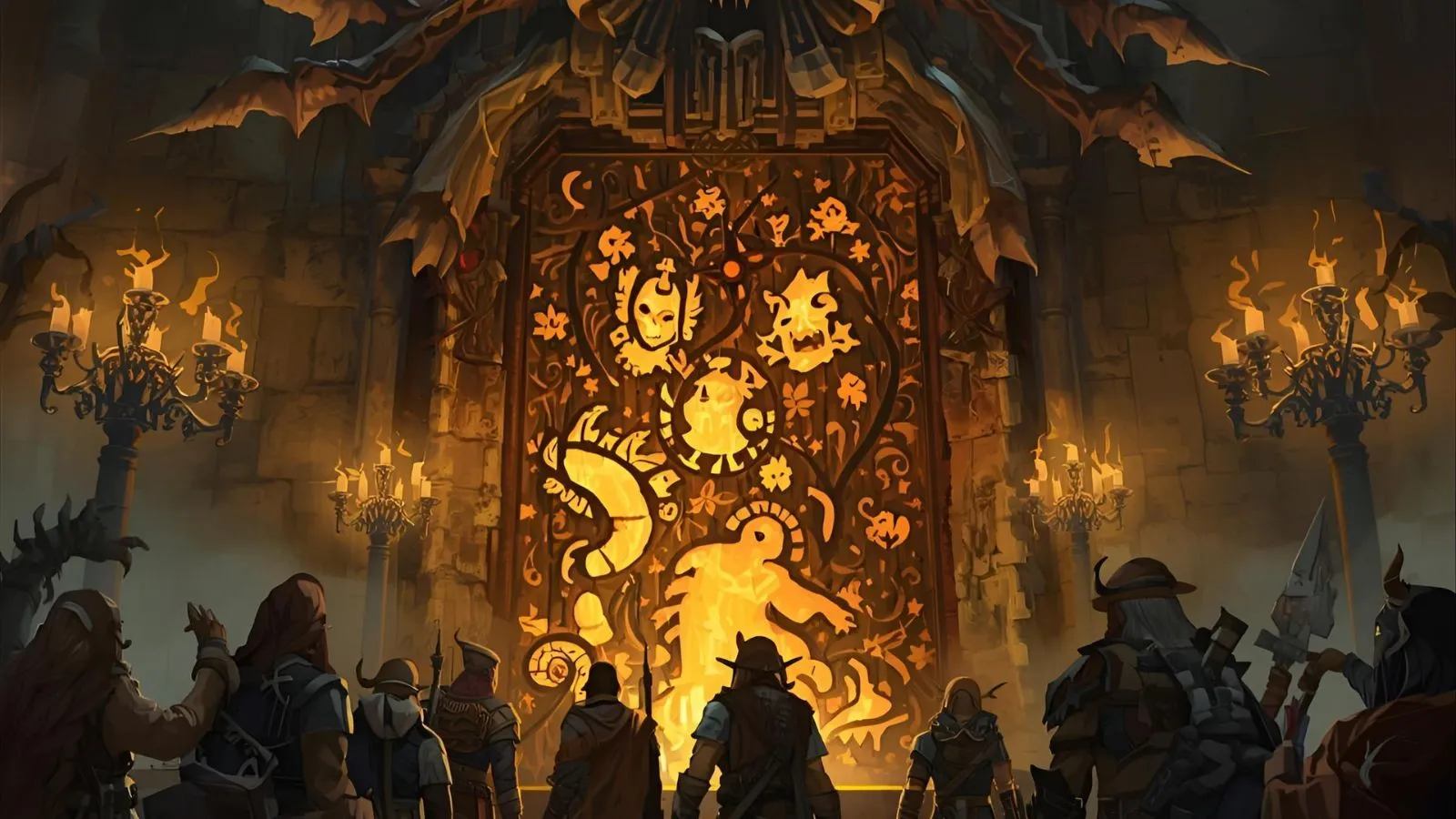 Adventurers ponder a riddle carved into a glowing dungeon door.