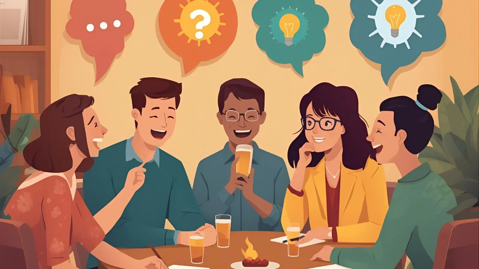 “Adults laughing while sharing playful naughty riddles at game night.”