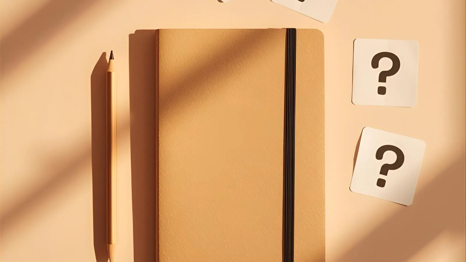 Flat lay with question-mark cards and a puzzle notebook.