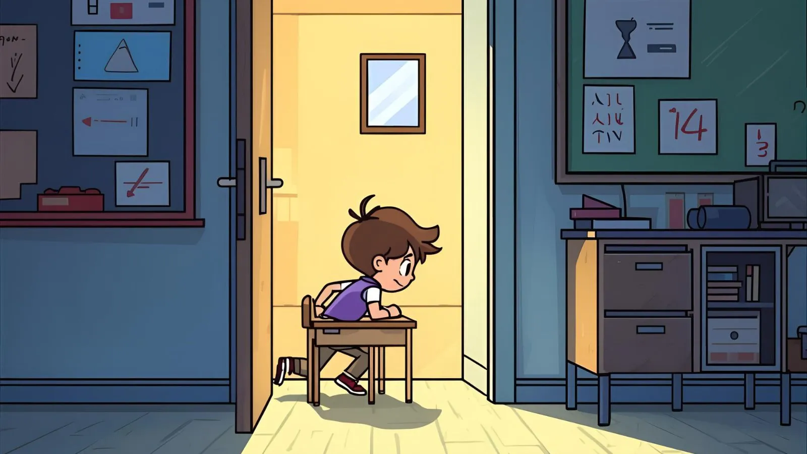 “Cartoon student escaping a classroom in a point-and-click puzzle game.”