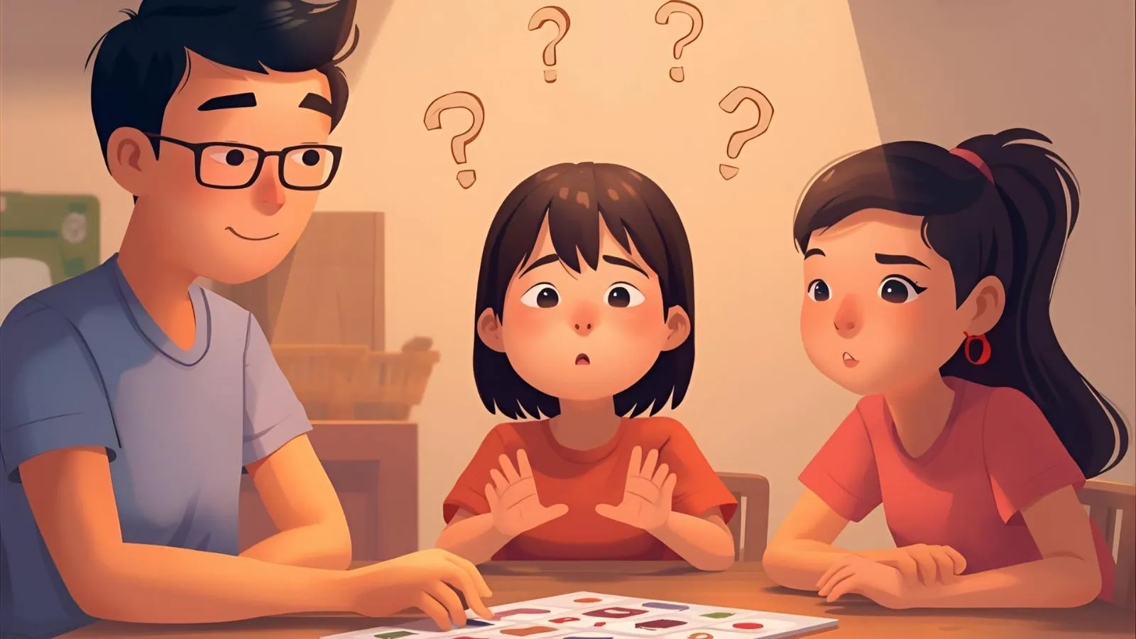 Adult telling two kids the two boys not twins riddle during family game night.