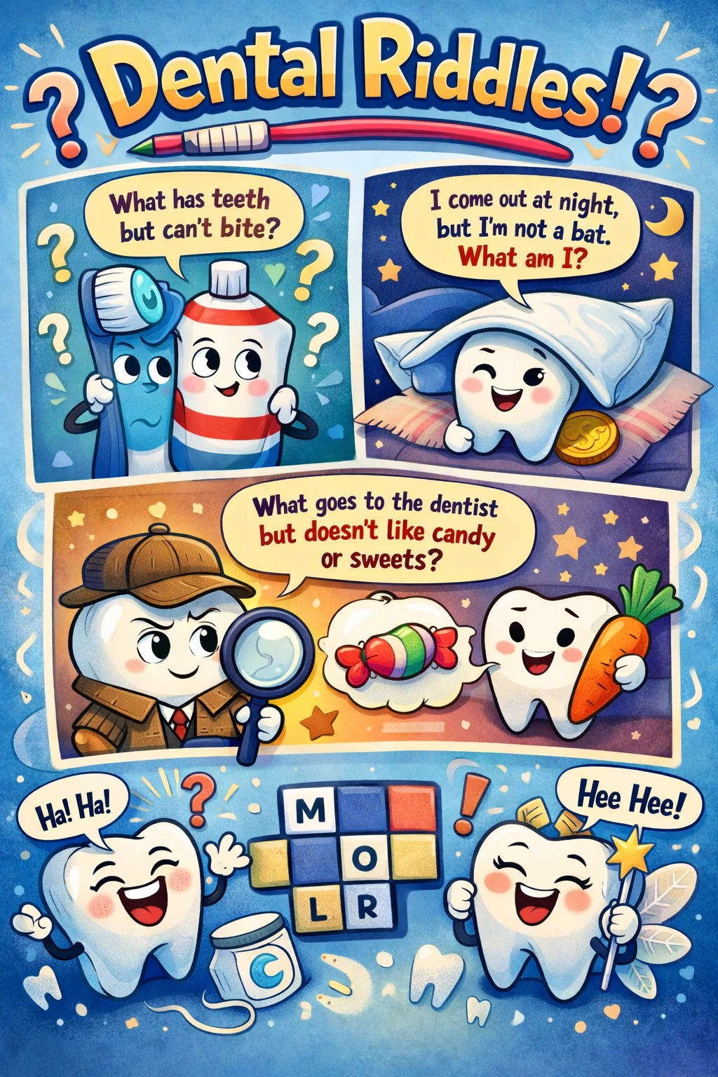 Fun dental riddles with smiling teeth and dental tools illustration