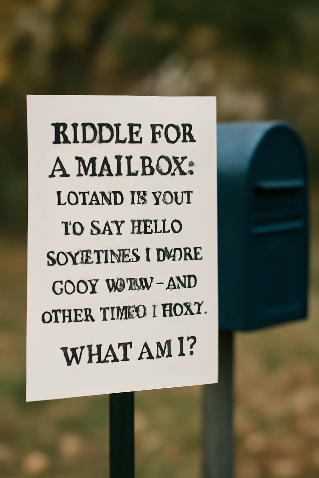 A sign with a riddle about a mailbox in an outdoor setting, featuring the question: "I stand in wait to say hello, sometimes I bring good news—and other times I don't. What am I?"