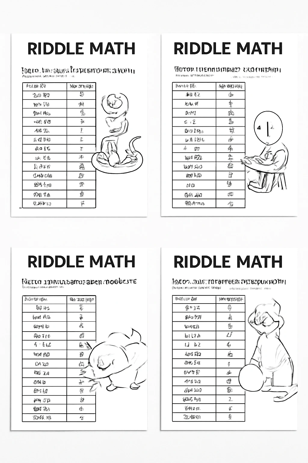 A collection of four black-and-white "Riddle Math" worksheets, arranged in a 2x2 grid, each featuring fun math riddles and arithmetic problems with playful illustrations.