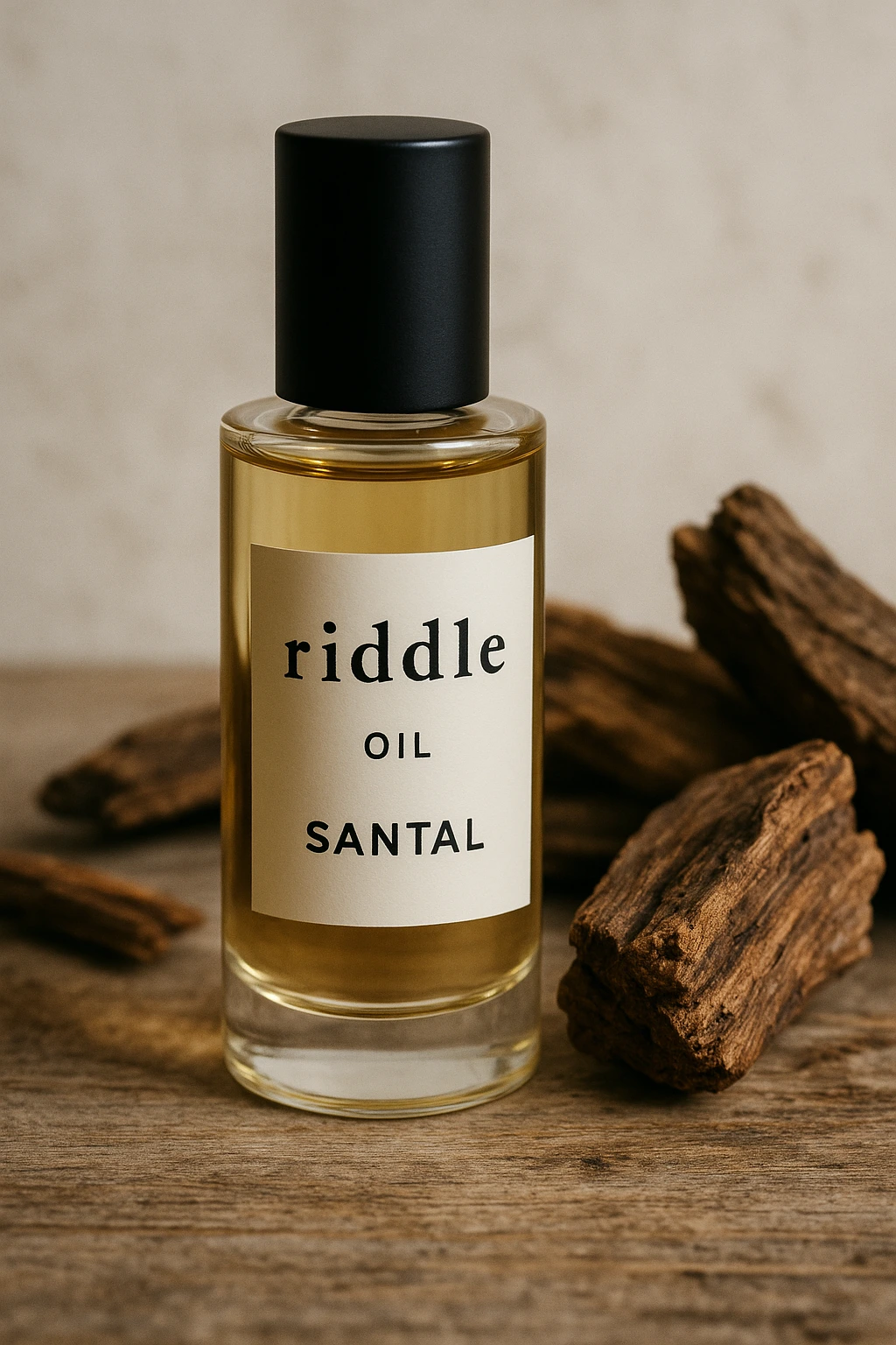 Clear Riddle Oil Santal roll-on bottle standing on a neutral tray.