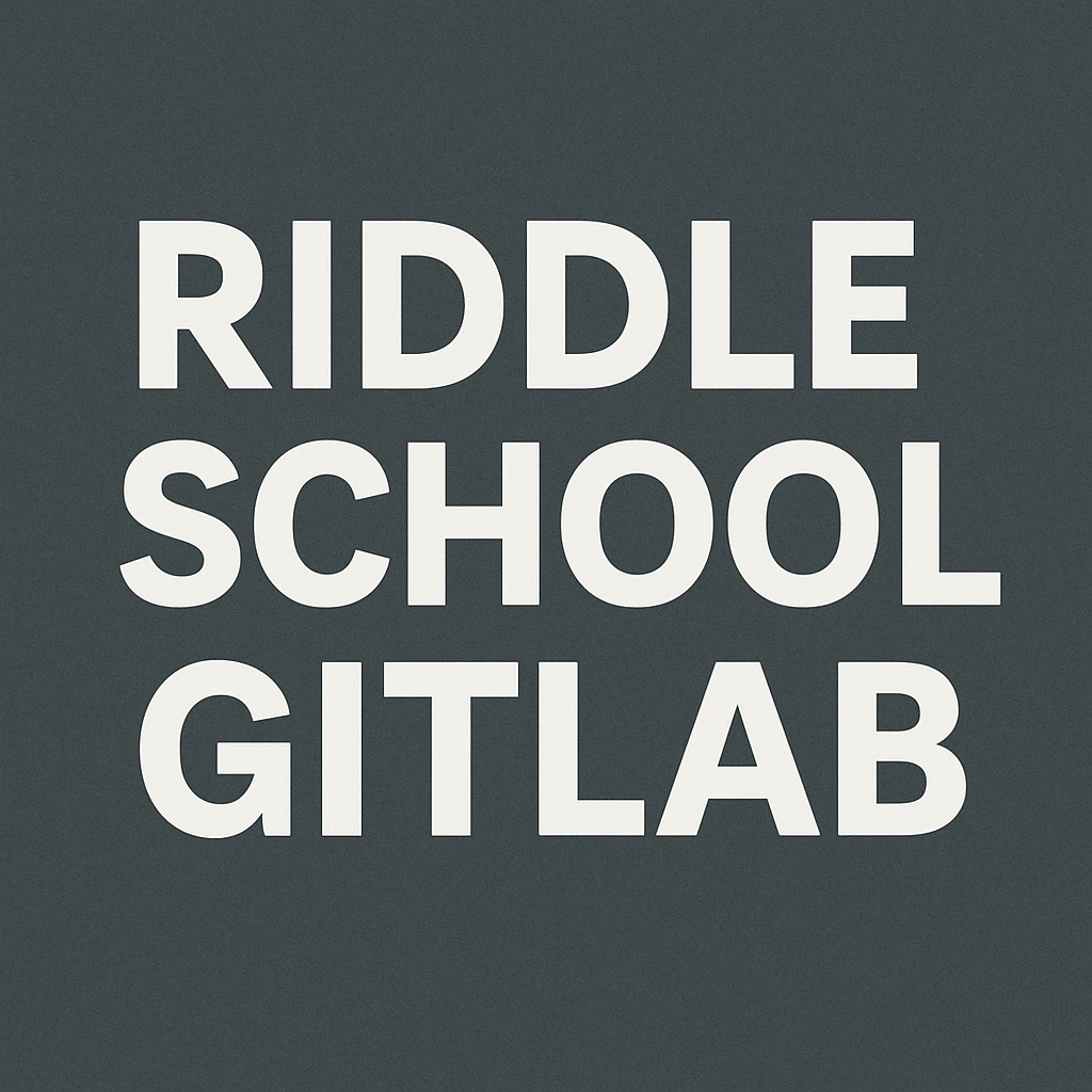 Cartoon classroom computers showing a Riddle School–style game and a GitLab project page side by side.