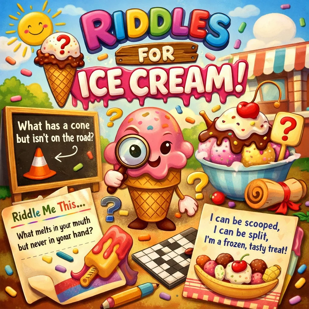 Ice cream riddles written on cards beside cones and bowls