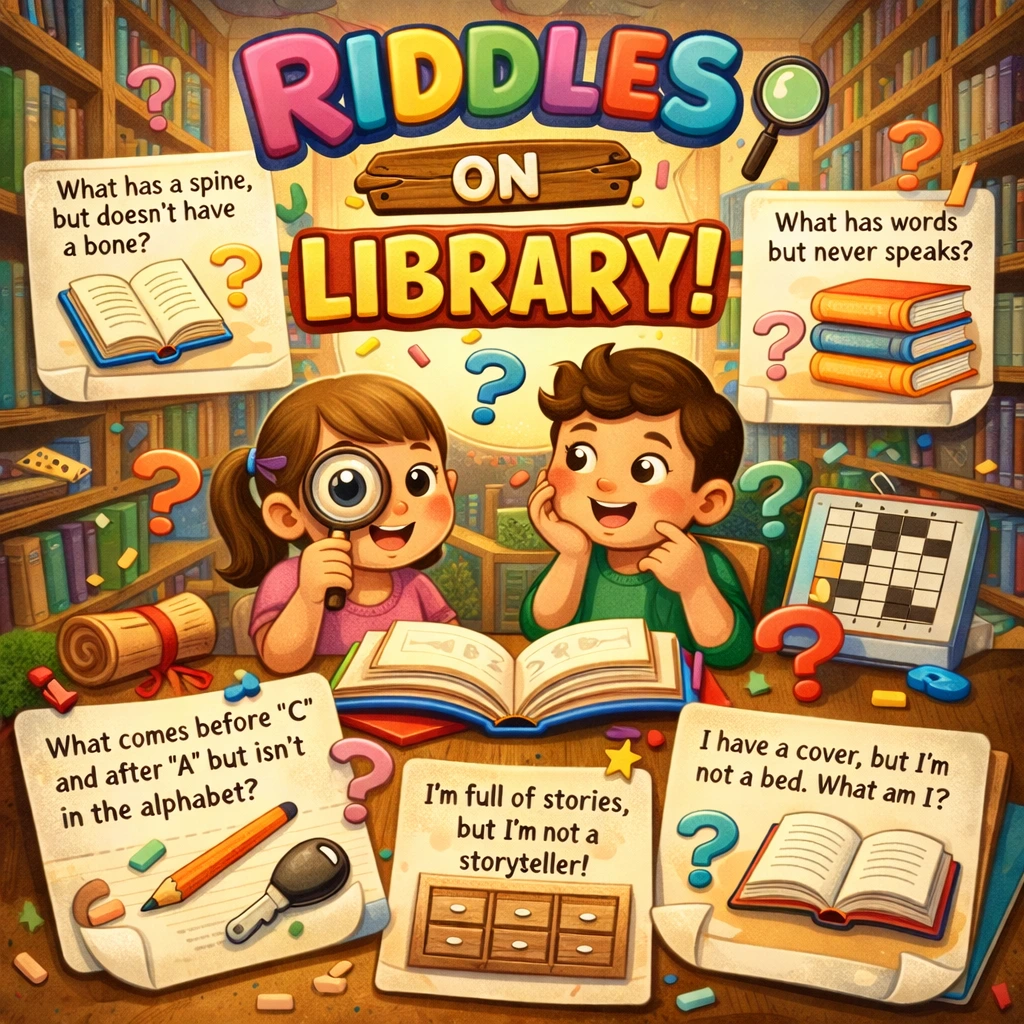 Colorful cartoon illustration of kids solving library riddles, surrounded by bookshelves and playful riddle cards inside a library.