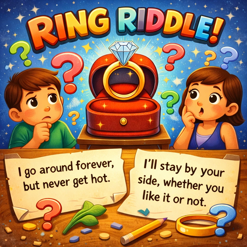 Illustration showing a ring riddle with circular symbols, sound waves, and playful question marks