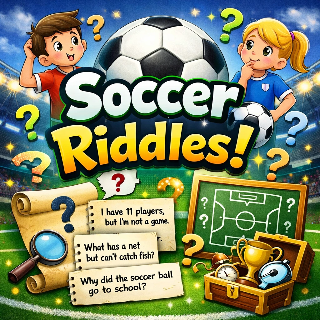 Kids playing soccer with fun soccer riddles and question marks