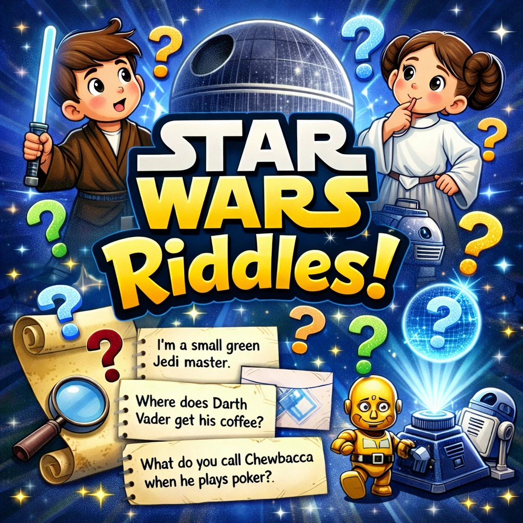 Star Wars-themed riddles with characters and icons from the galaxy.