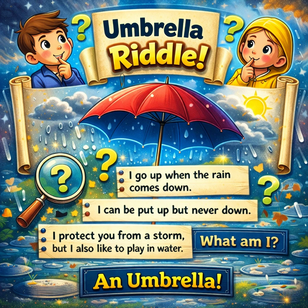 Illustration of colorful umbrellas representing clever umbrella riddles.