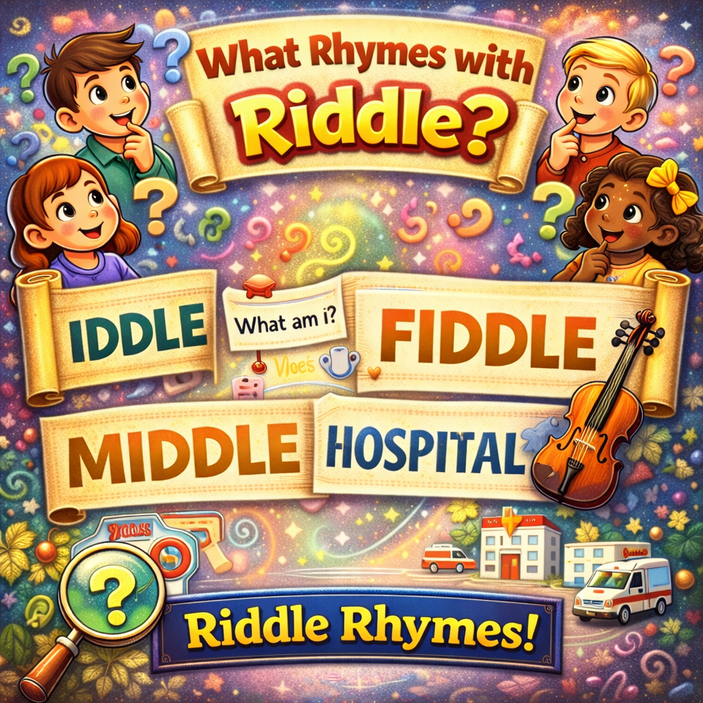 Words that rhyme with riddle written in a creative word cloud