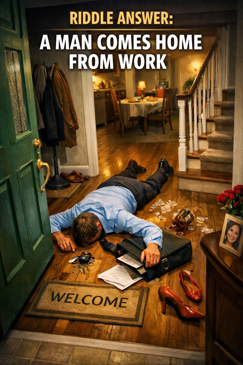 Man standing in kitchen thinking about a riddle involving a microwave