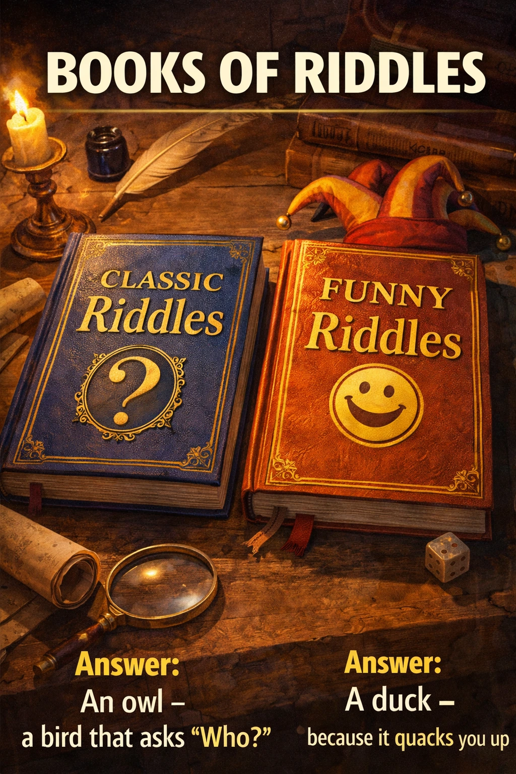 Books of riddles for kids and adults with brain teasers and puzzles.