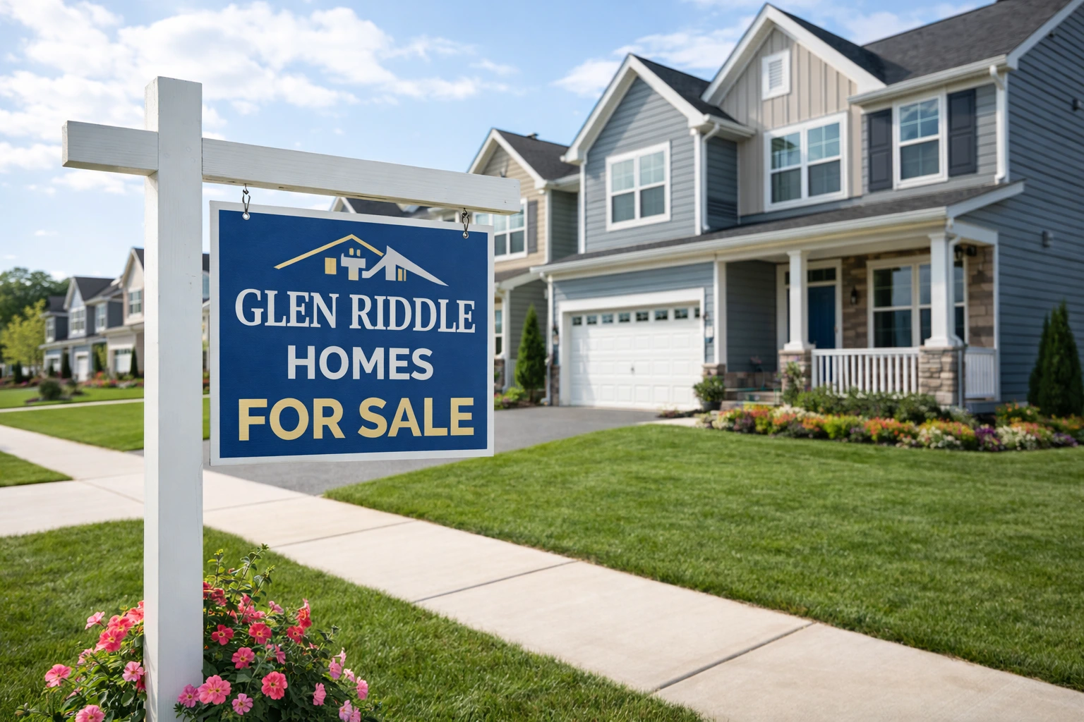 Glen Riddle residential community with homes, golf course, and water views.