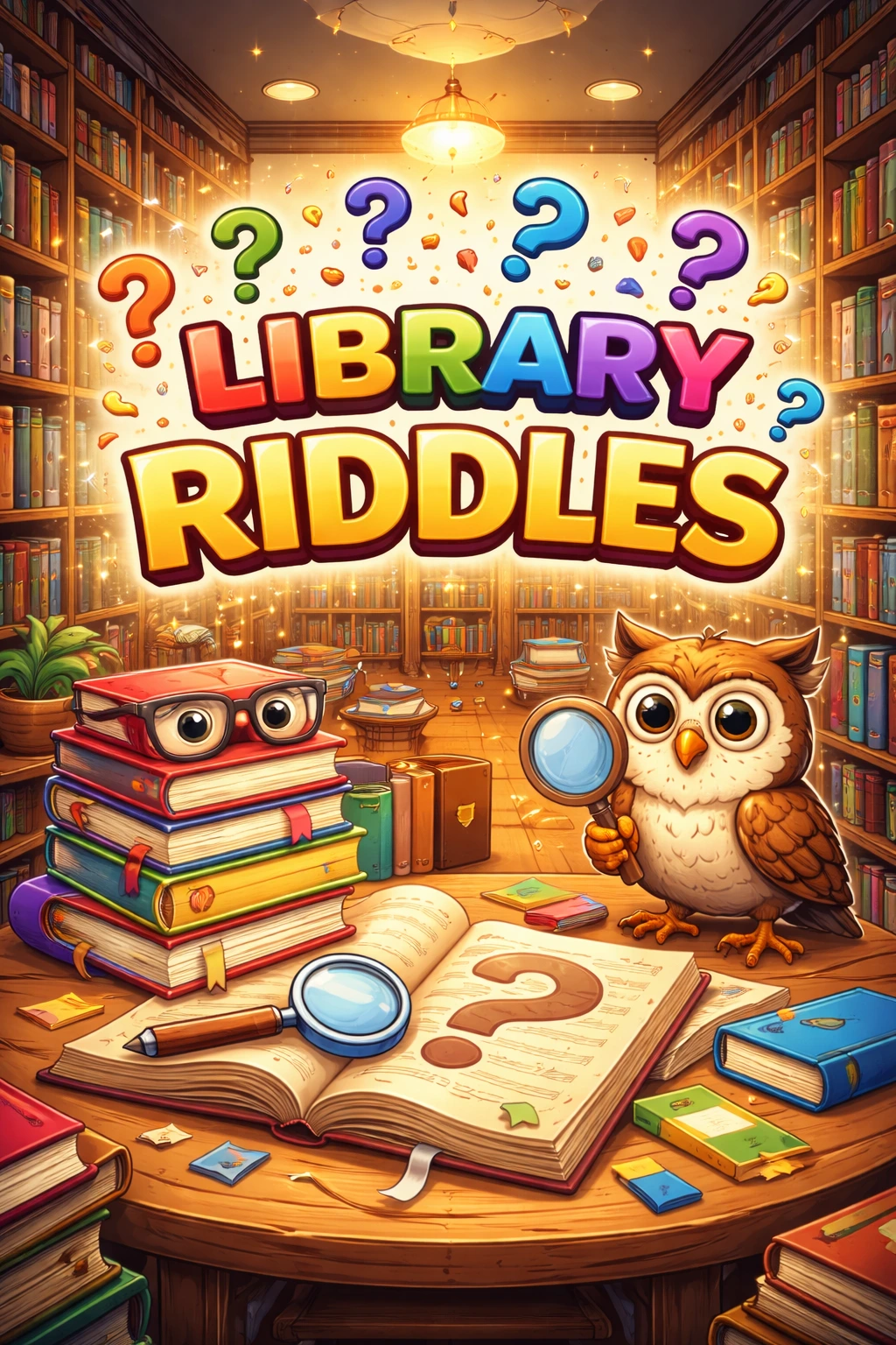 Stacked books on a library table with shelves in the background, representing fun library riddles and reading challenges.