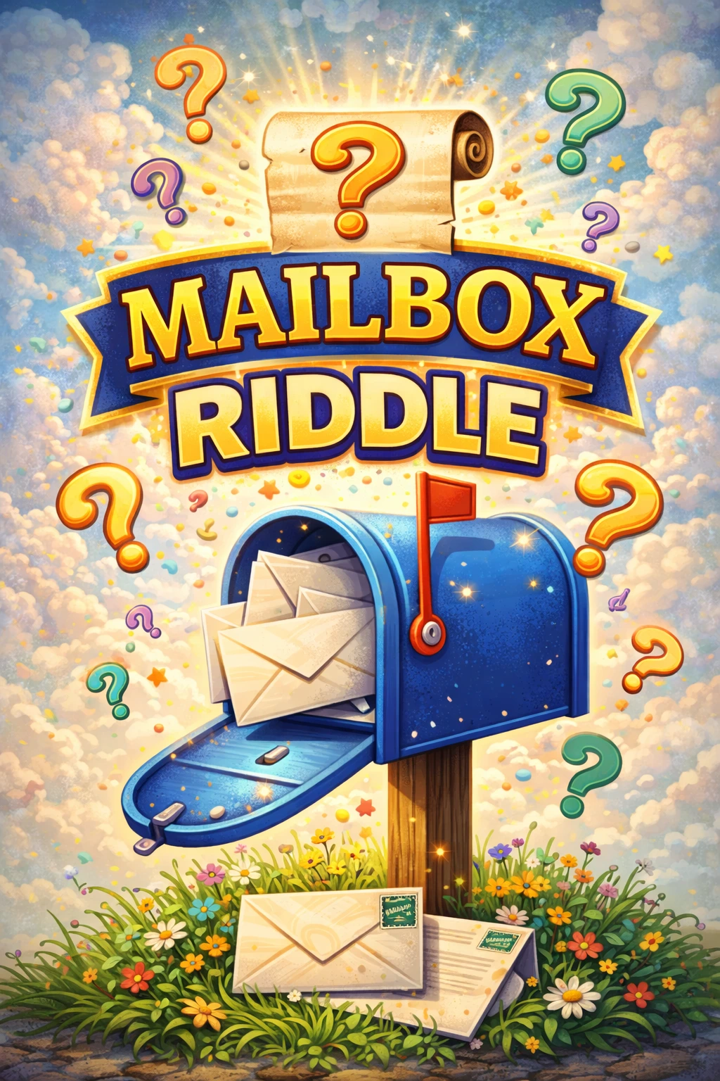 Mailbox riddle concept showing a mailbox with letters and question marks.