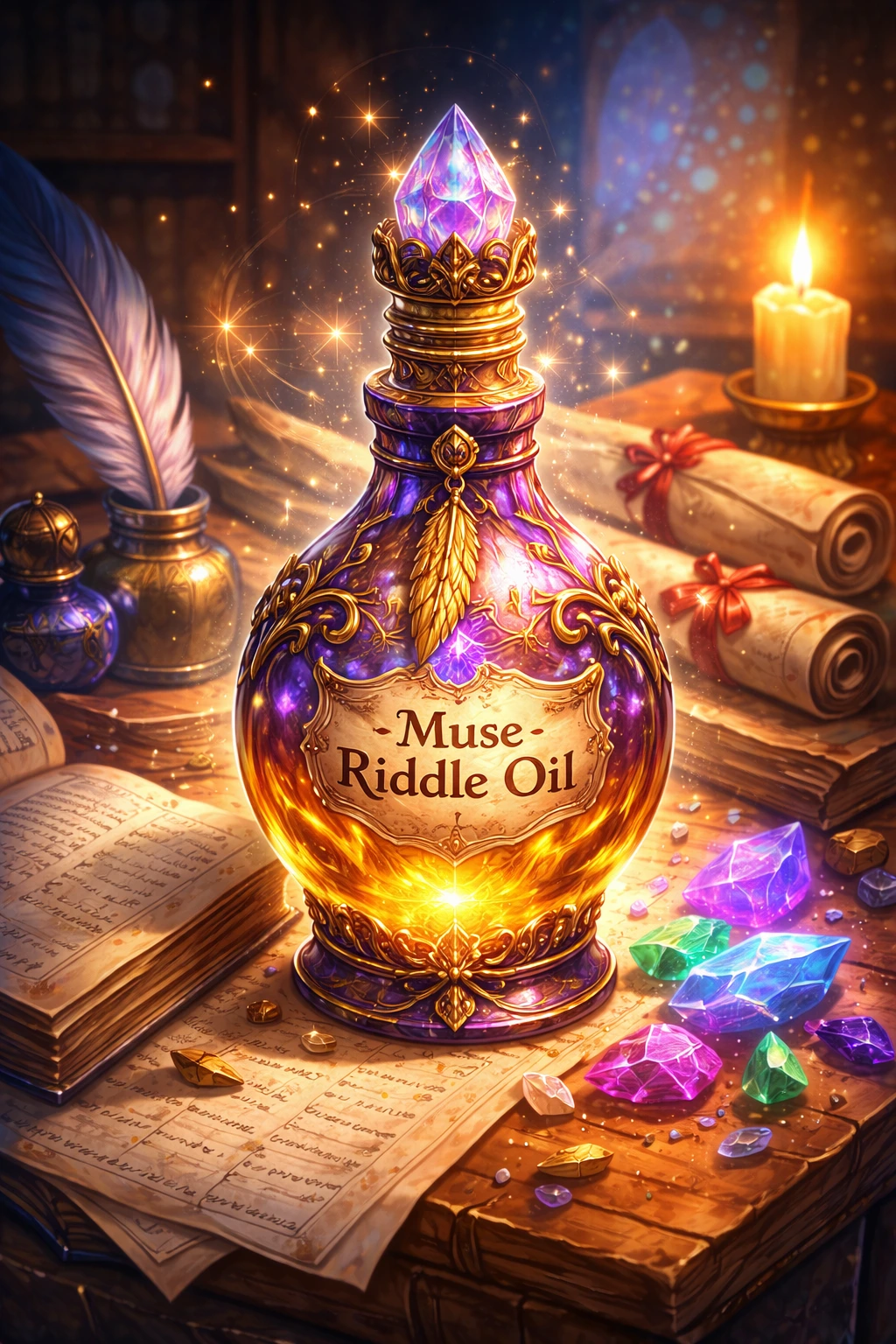 Muse Riddle Oil roll-on fragrance with white flowers.