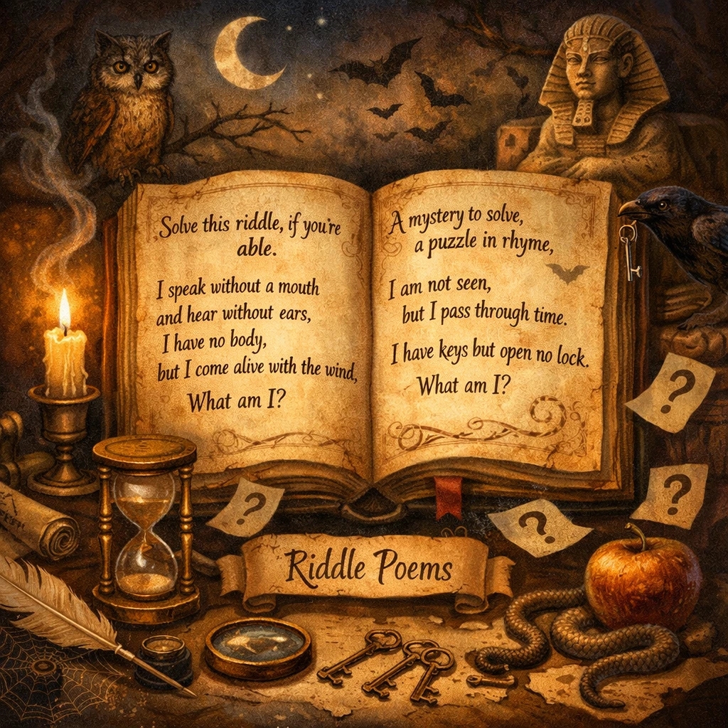 Alt Text: An open book representing riddle poems with mystery and poetic clues.