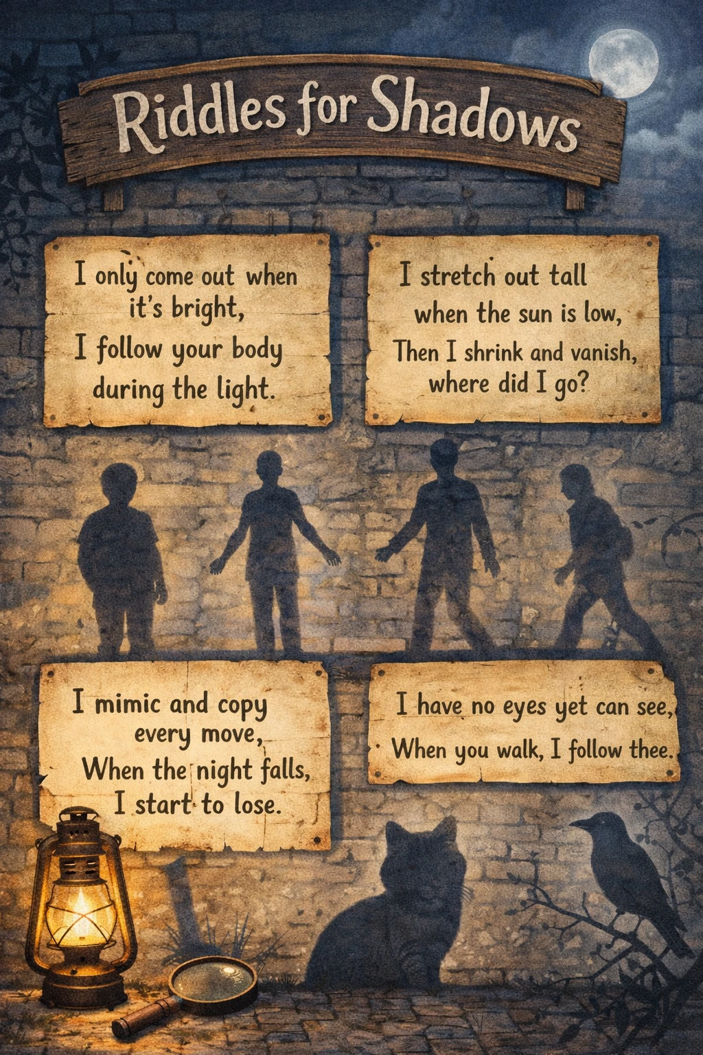 Illustration showing playful shadows forming riddles and puzzles.