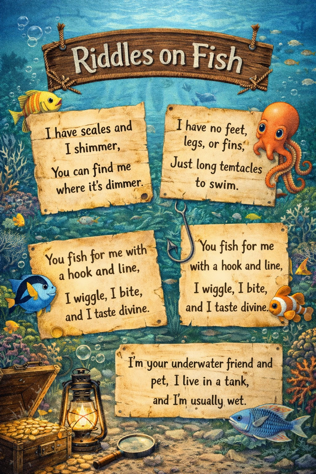 A playful illustration representing riddles on fish