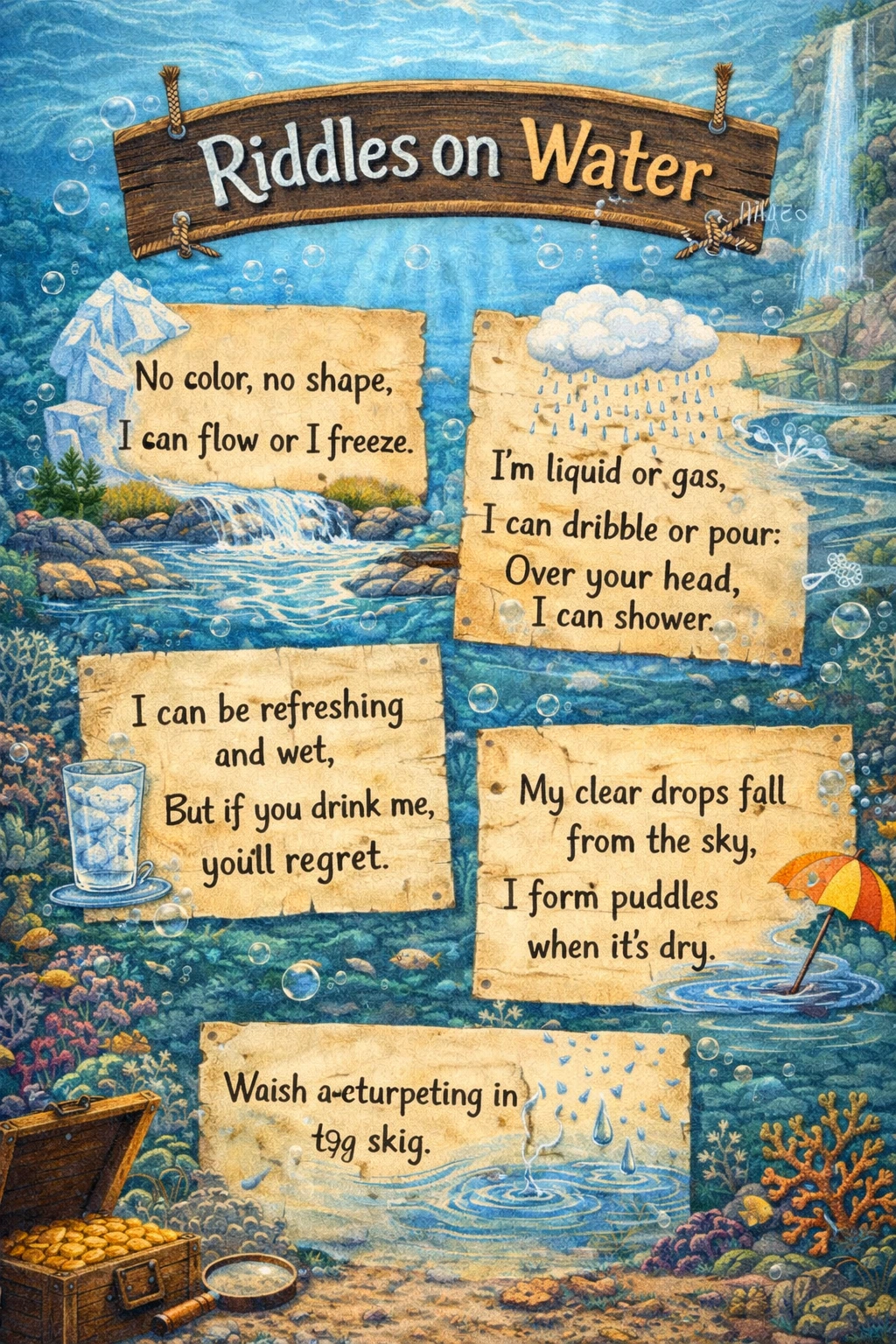 Creative illustration representing riddles on water