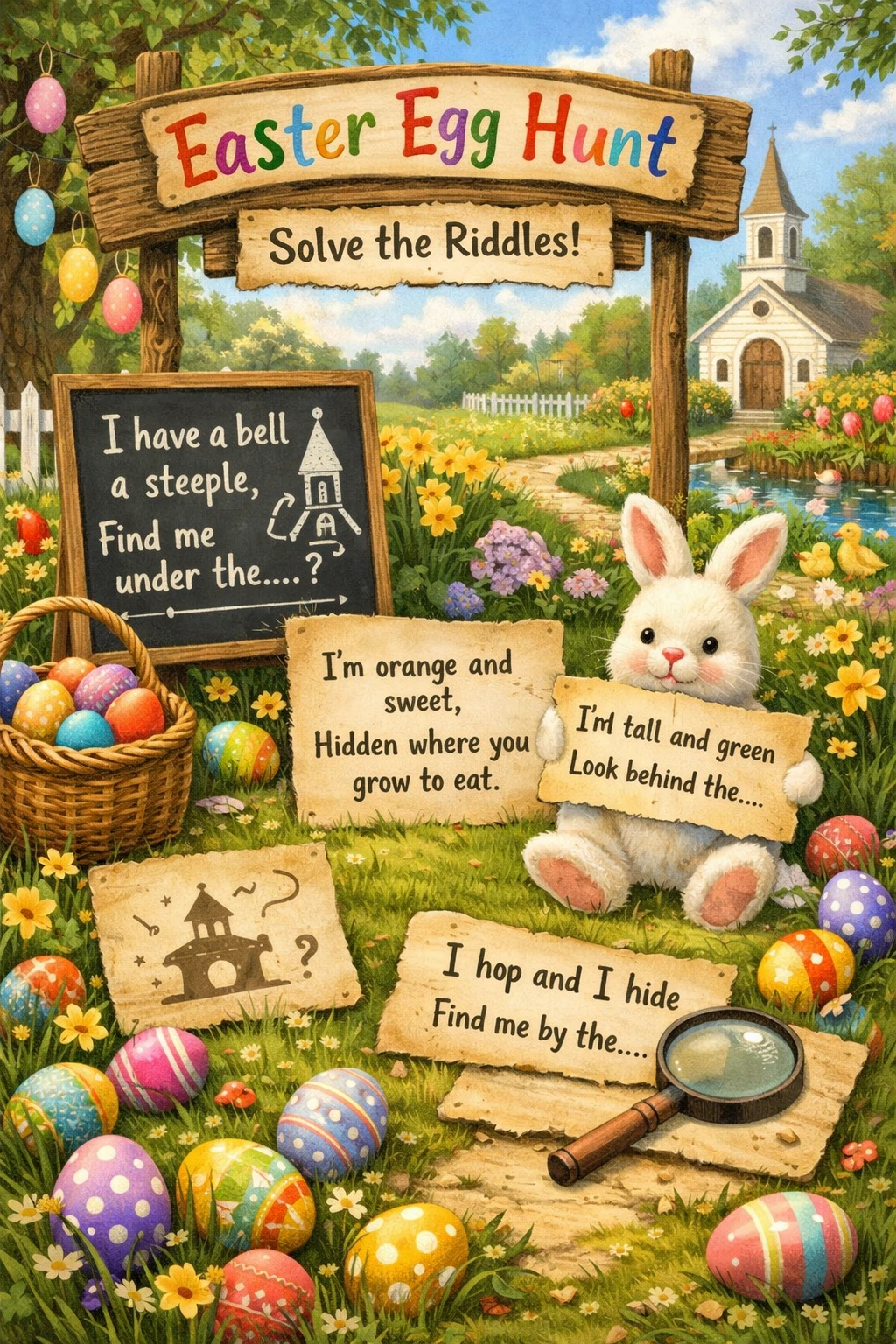 Kids solving outdoor Easter egg hunt riddles in a backyard.