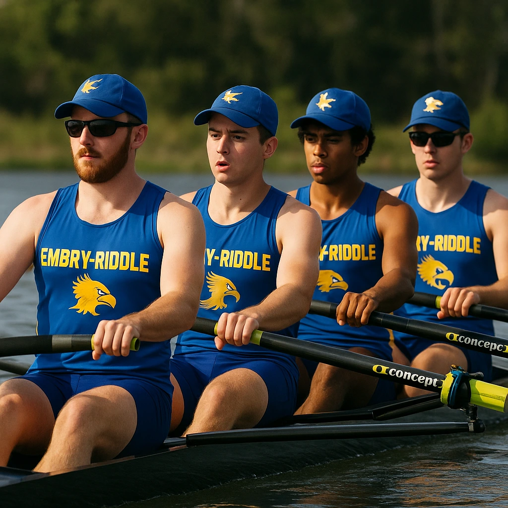 Embry-Riddle rowing crew training on a sunny Florida river.