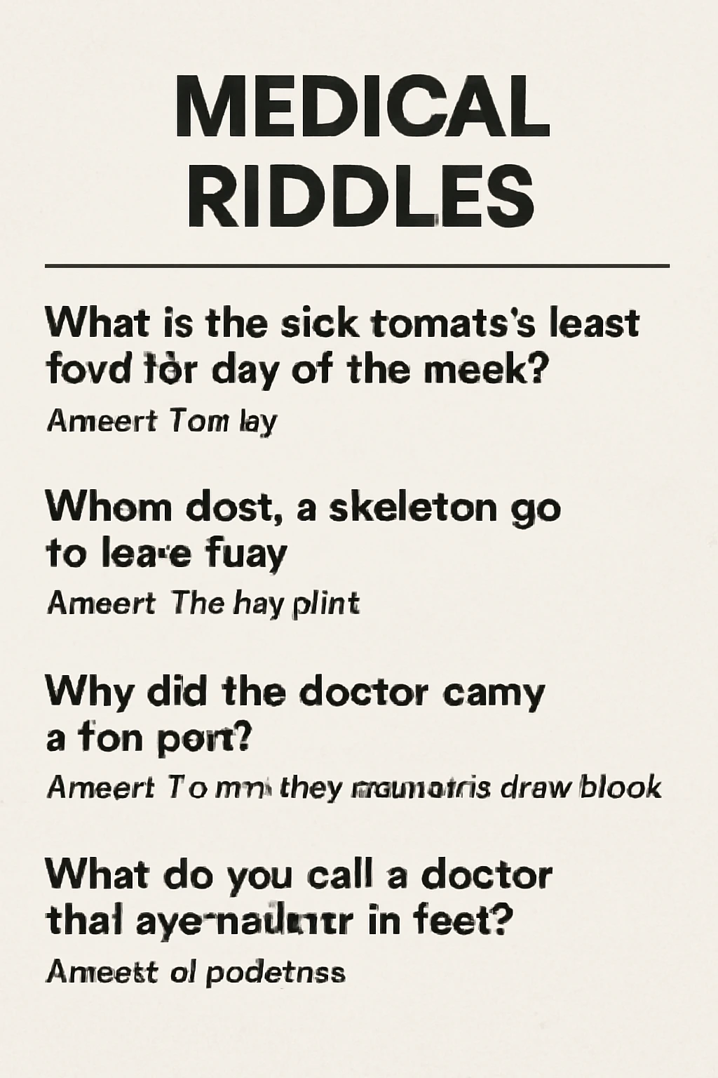 Medical riddles are a great way to engage with health-related topics in a fun and challenging way. These riddles range from simple puzzles suitable for kids to more complex ones designed for healthcare professionals and enthusiasts. Whether you're a doctor, nurse, or just someone with an interest in health, medical riddles offer a unique and entertaining way to test your knowledge of the human body, health, and medical practices.