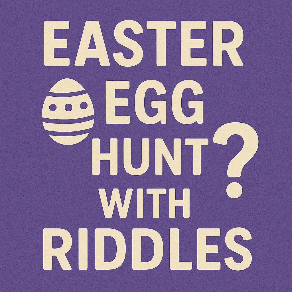 Kids following clue cards during an Easter egg hunt with riddles in a backyard.