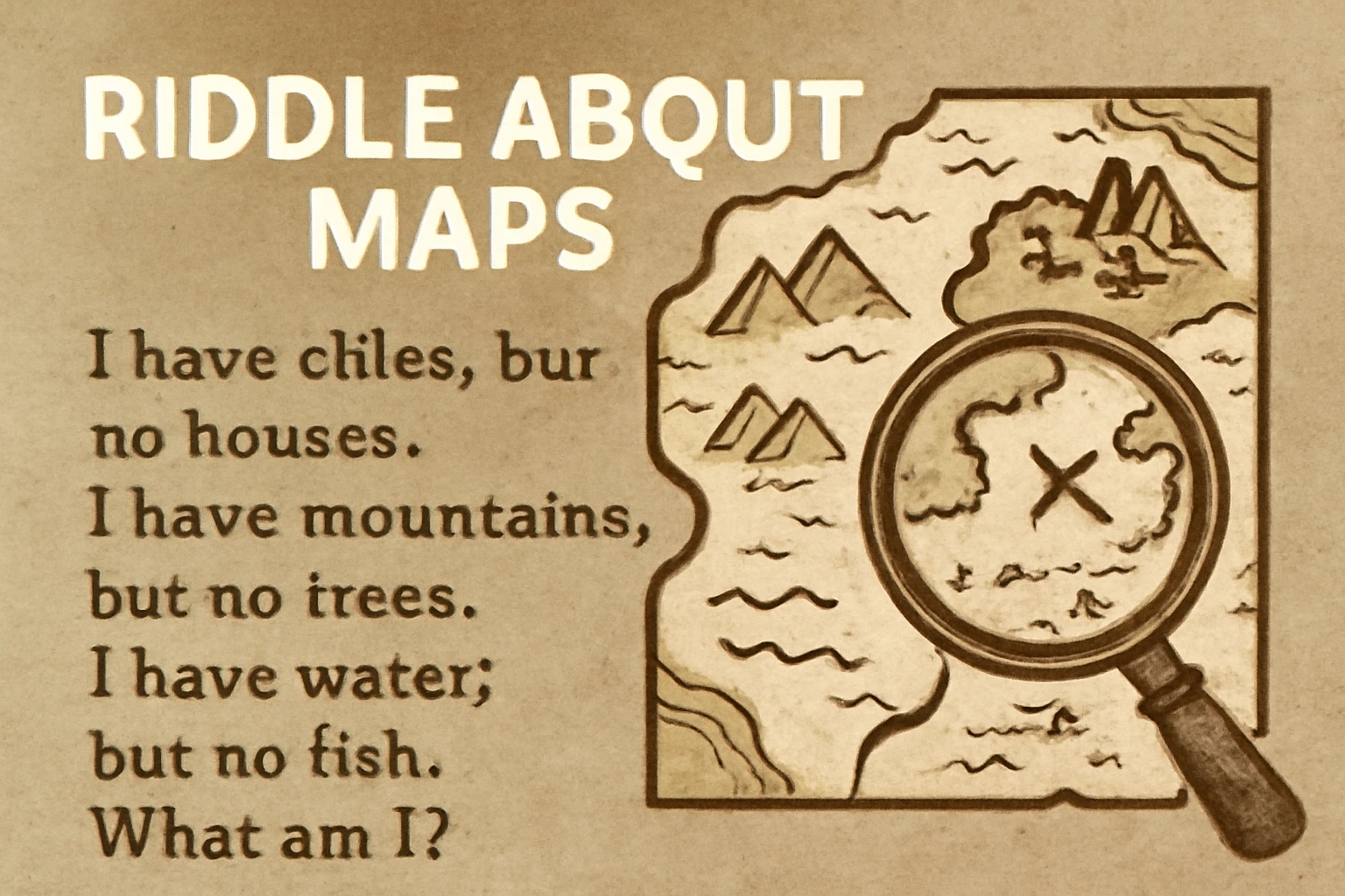 Vintage map illustration featuring a riddle about maps with cities, mountains, water, and no fish, magnified through a glass lens, in warm, earthy tones.