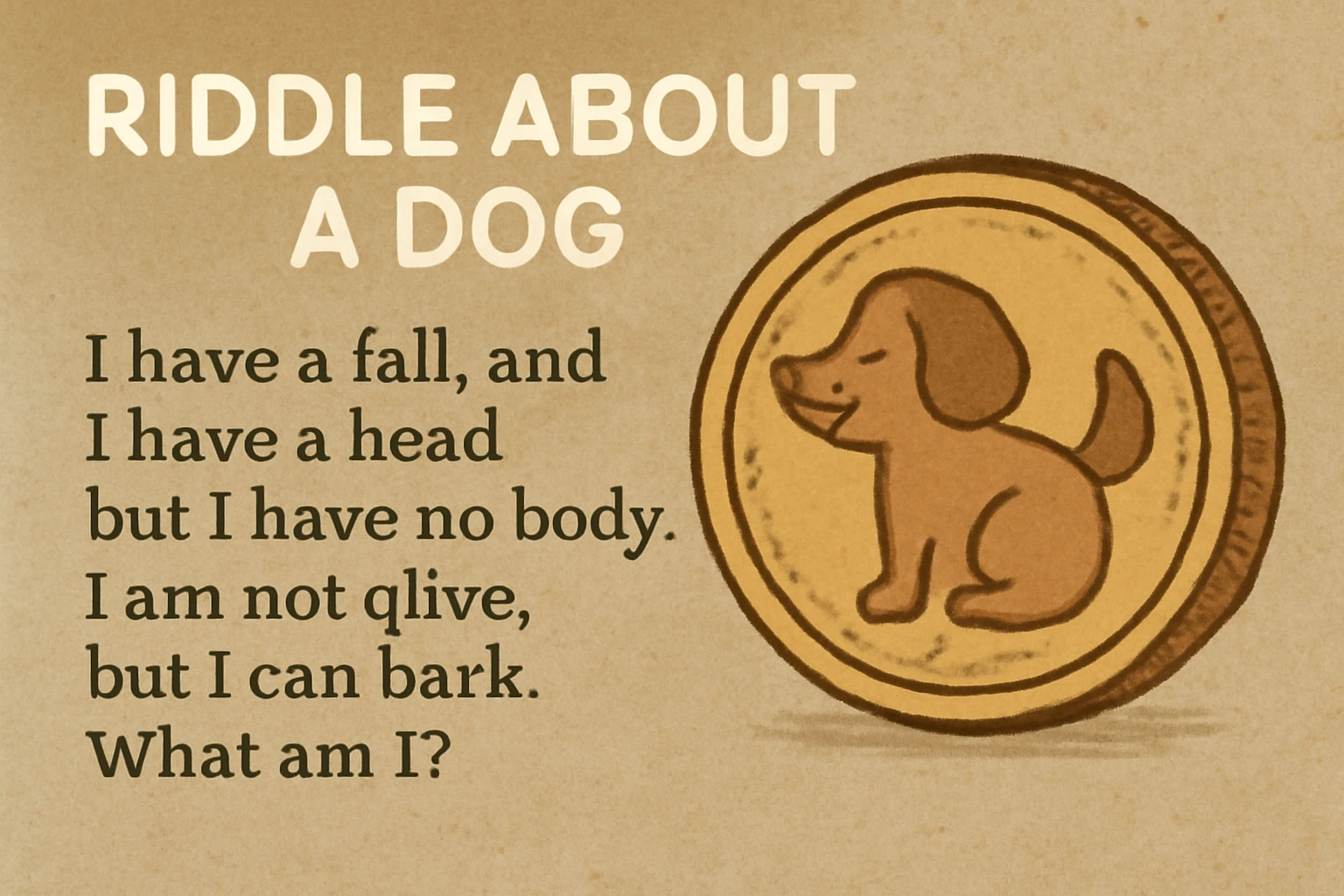 Digital illustration of a playful riddle about a dog with a cartoon dog on a coin, set against a beige parchment background."