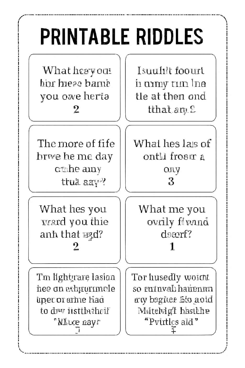 Printable riddle sheet featuring various fun and engaging puzzles with bold text, ideal for kids and adults to enjoy and solve.