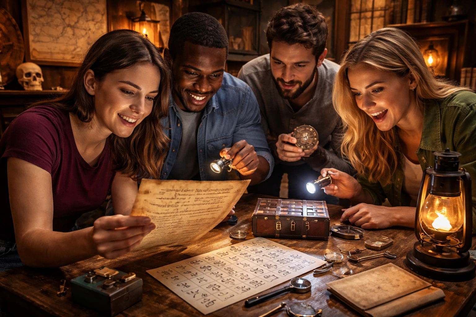 Group solving riddles and clues during an escape room challenge.