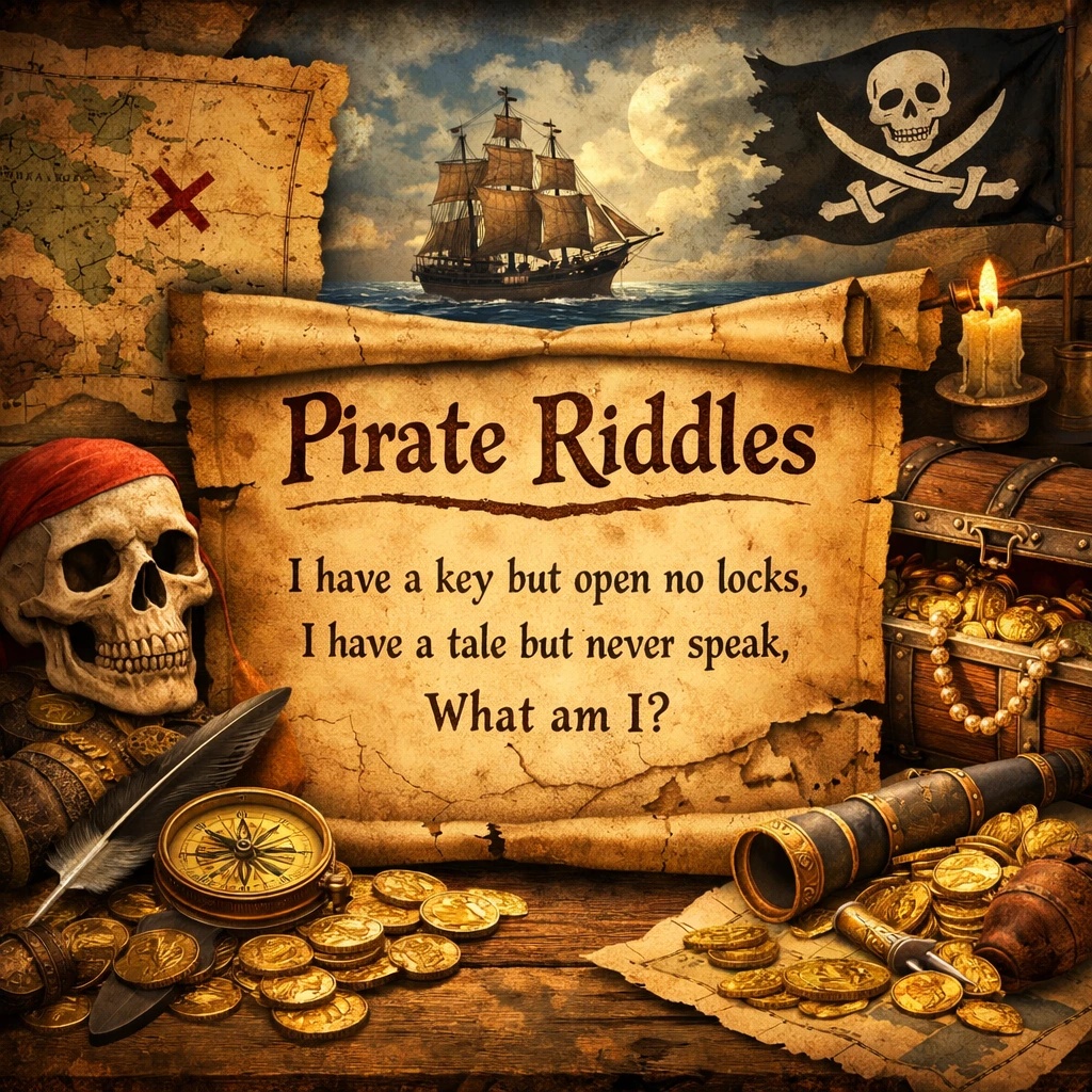 Pirate ship with treasure map and pirate riddles