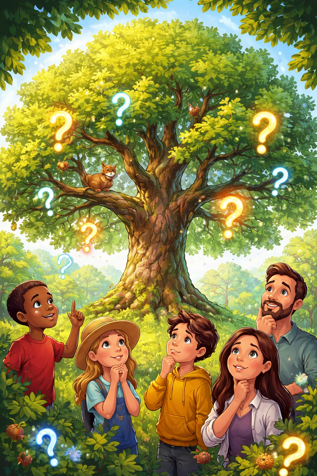 Riddles about a tree illustrated with a large oak and playful question marks