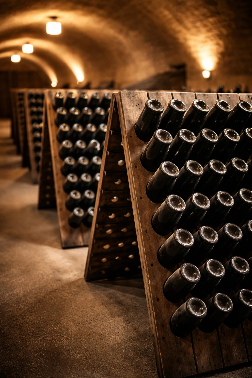 Champagne bottles angled downward on traditional riddling racks in a wine cellar.