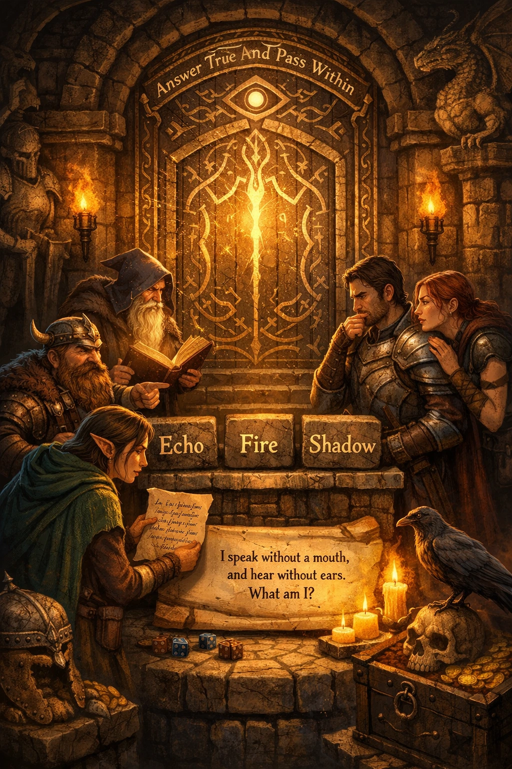 Fantasy dungeon riddle scene inspired by Dungeons and Dragons gameplay.