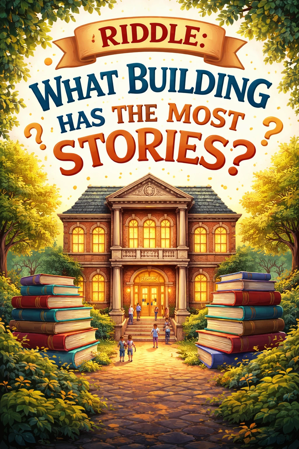 Library interior representing the riddle about the building with the most stories.