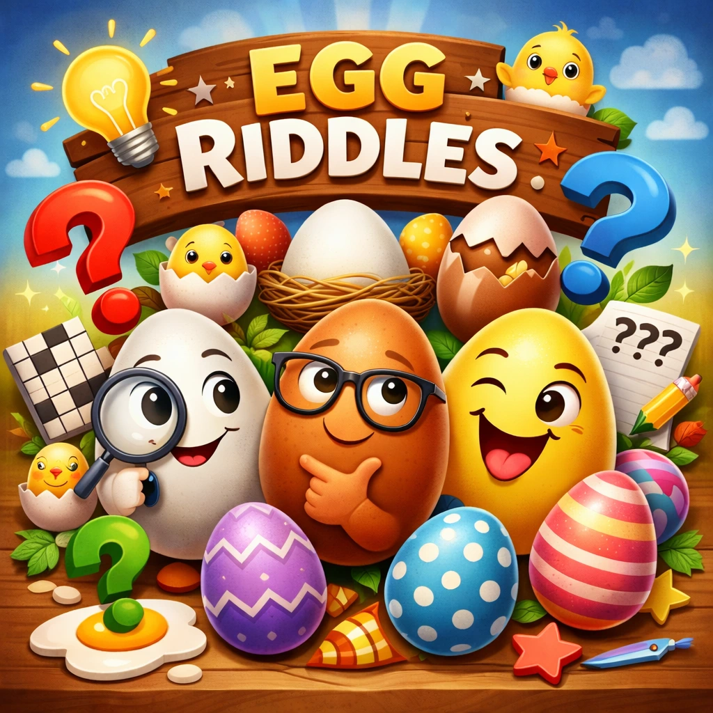 Colorful illustrated eggs with question marks representing fun egg riddles and brain teasers for kids and adults